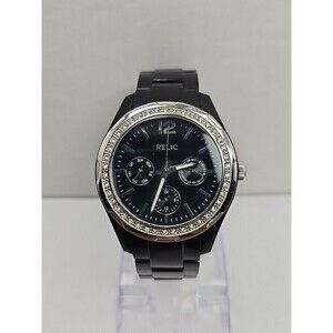 Relic Starla ZR15563 Black Resin Multifunction Crystal Bezel Watch New Battery
